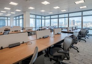 Niotechone open‑plan office interior – workstations lined up beside large windows, bright modern tech workspace