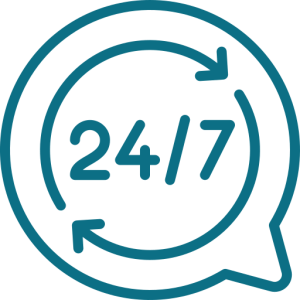 24/7 IT support illustration featuring a headset, clock, and gear icons, symbolizing around-the-clock technical assistance.