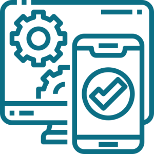Illustration of Microsoft app development featuring a laptop, coding symbols, and Microsoft logo with gears and tools.