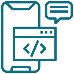 Mobile app development illustration with smartphone, coding symbols, and gears representing app design and programming.