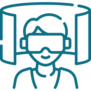 AR and VR illustration with person wearing headset and digital elements representing augmented and virtual reality technology.