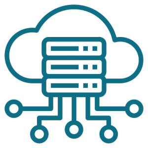 Cloud computing illustration showing servers, network connections, and cloud icons representing data storage and processing.