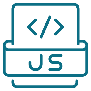 JavaScript development illustration showing coding symbols, a laptop, and JS logo, representing web and app programming.