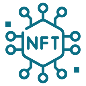 NFT illustration with digital art and blockchain symbols representing non-fungible tokens and unique digital assets.
