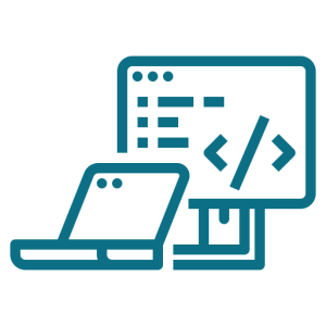Corporate website development icon showing coding on laptop and desktop screen.
