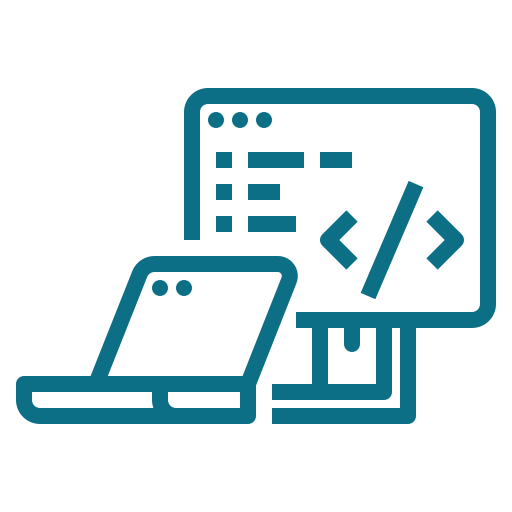 Corporate website development icon showing coding on laptop and desktop screen.
