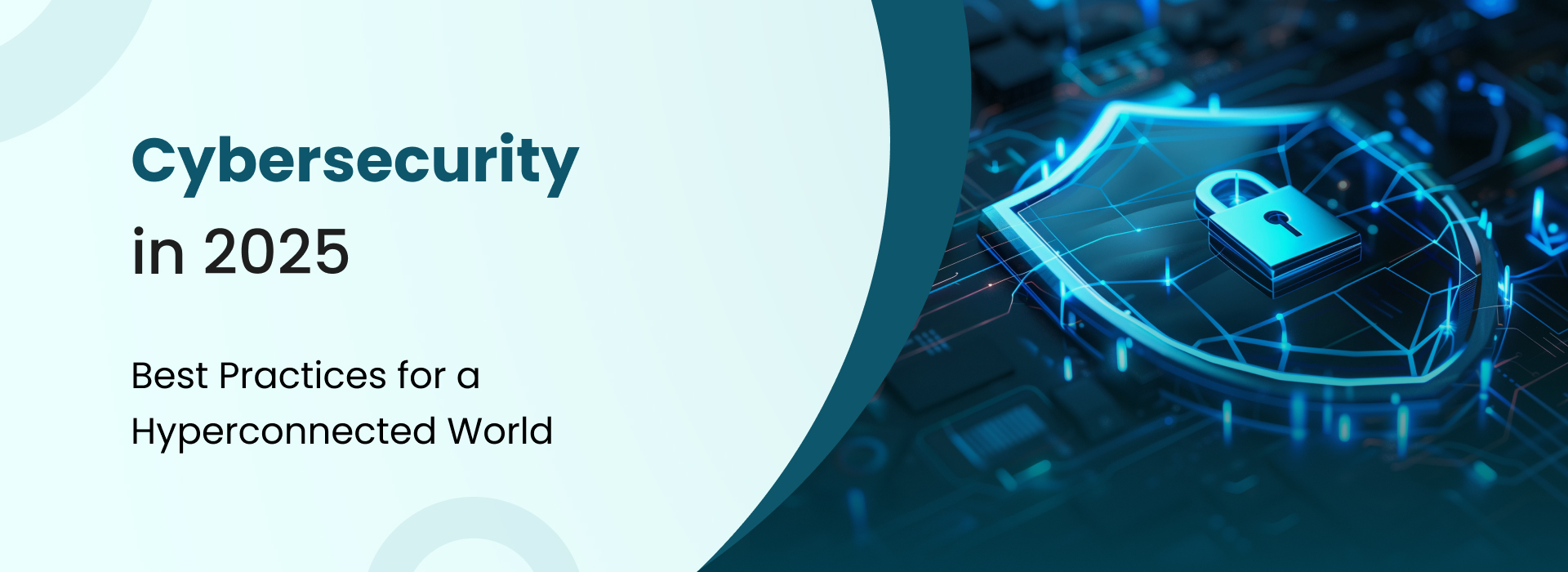 Futuristic lock and shield over a glowing digital circuit board.