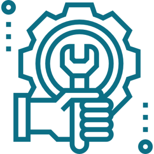 Icon of a wrench inside a gear representing equipment, maintenance, and technical support solutions