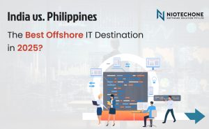 Niotechone infographic comparing India vs Philippines as the best offshore IT destination in 2025 with professionals working on software projects.