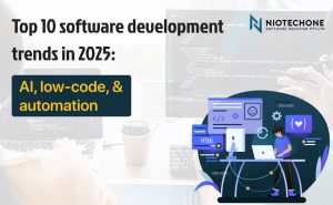 Niotechone infographic showcasing top 10 software development trends in 2025 including AI, low-code platforms, and automation.
