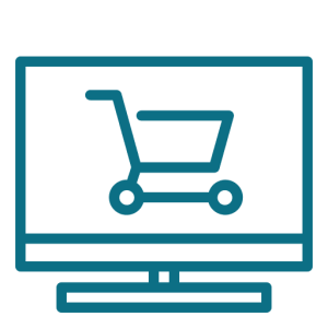 E-commerce development icon showing shopping cart on computer screen for online store solutions.