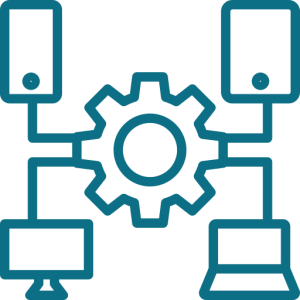 Niotechone illustration: person standing beside a stylized smartphone with icons, symbolizing mobile device management.