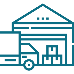 Illustration of warehouse, delivery truck, and boxes representing transport and logistics management software