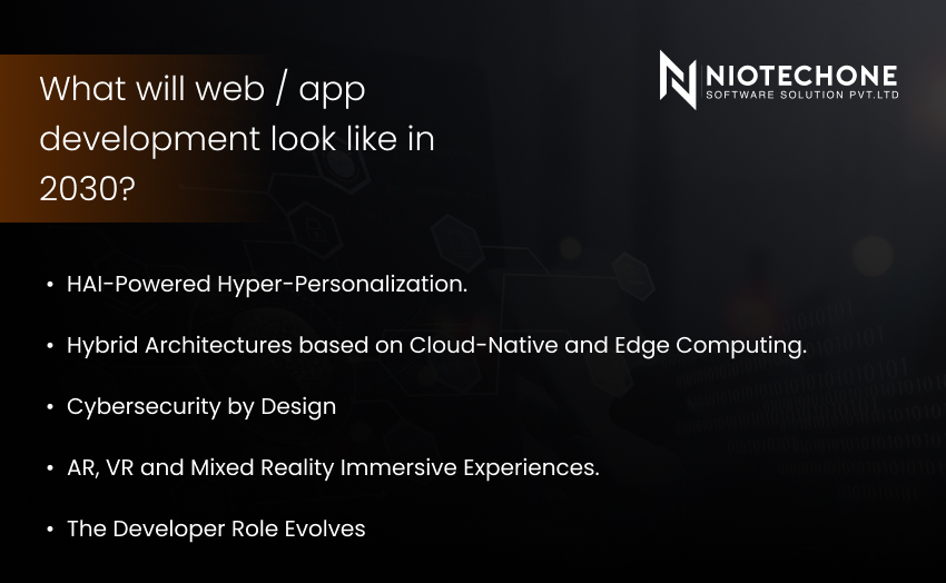 Web-app development in 2030 featuring autonomous AI agents, decentralized applications, cloud-native ecosystems, and hyper-personalized user experiences.