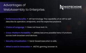 Advantages of WebAssembly for enterprises including high-performance web apps, faster load times, cross-platform compatibility, and improved scalability.