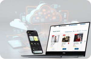 Online learning platform interface showing courses, modules, and progress tracking.