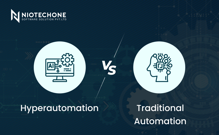 Comparison chart highlighting the differences between hyperautomation and traditional automation in terms of scalability, intelligence, integration, and process efficiency.