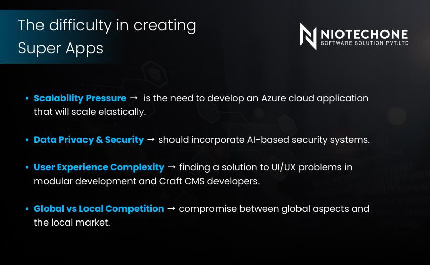 Challenges in developing Super Apps including scalability, data privacy, UX design, and global competition