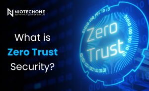 Diagram illustrating the Zero Trust Security model with identity verification, multi-factor authentication, and restricted network access ensuring continuous trust validation.