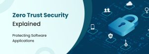 Visual concept of Zero Trust Security showing multiple authentication layers, identity verification, and secure access control protecting enterprise applications and data.