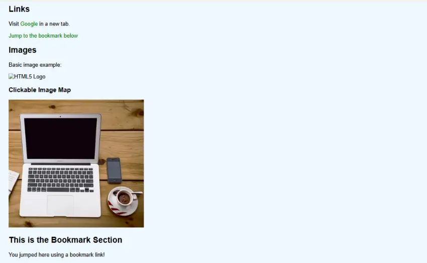 HTML webpage with styled text, colors, links, and images