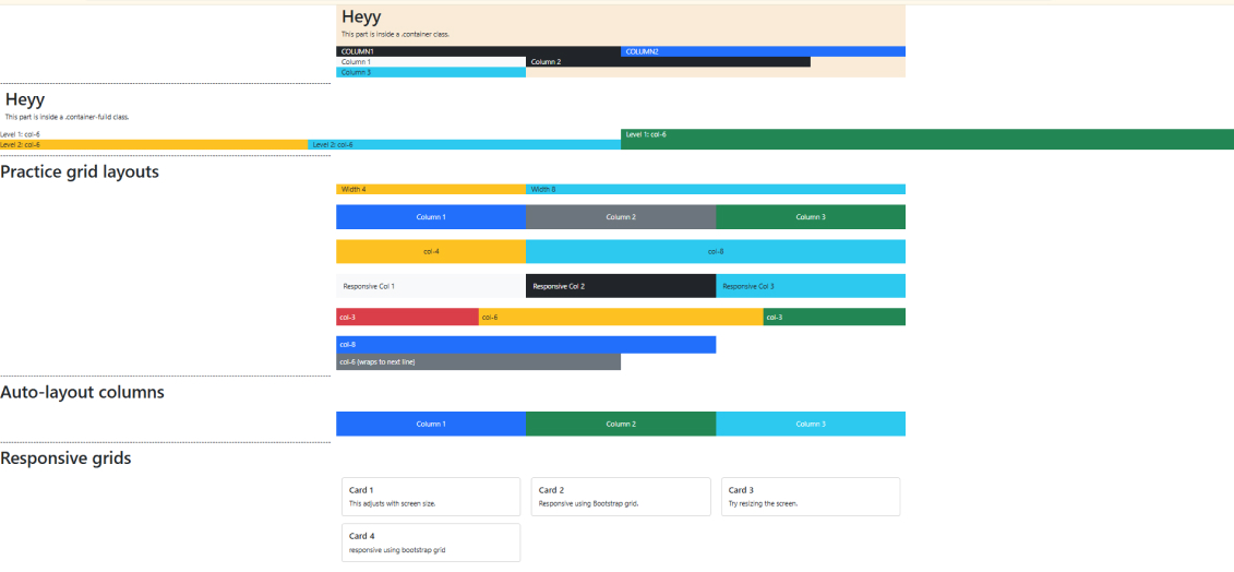 Bootstrap grid layout examples showing container, container-fluid, columns, responsive grids, and card layout variations.
