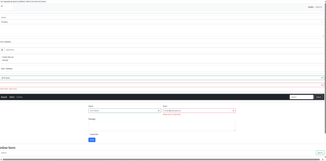 Bootstrap form examples with form validation, navbar search bar, and input fields showing valid and invalid feedback.
