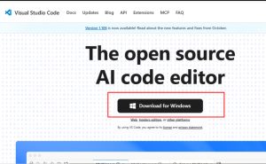Visual Studio Code website showing the Download for Windows button highlighted on the homepage.
