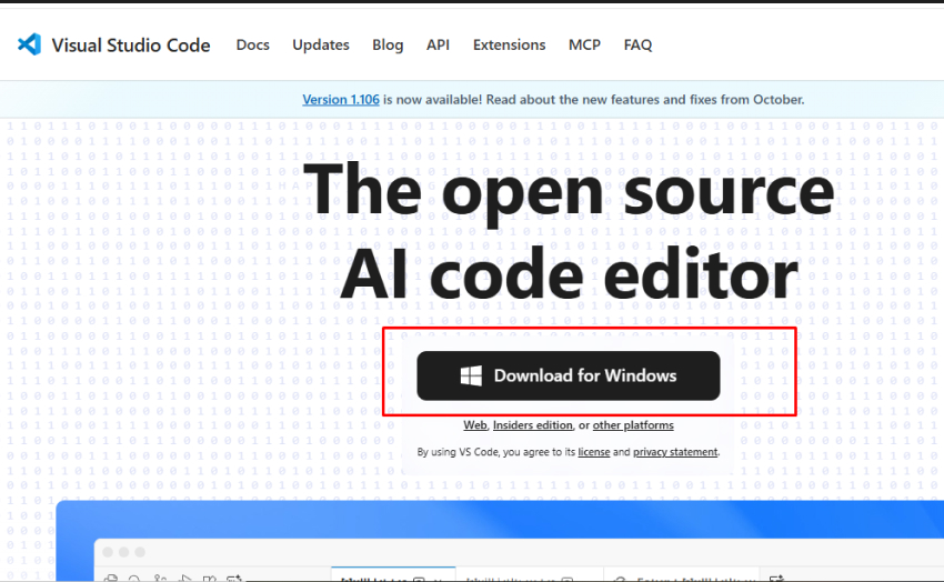 Visual Studio Code website showing the Download for Windows button highlighted on the homepage.