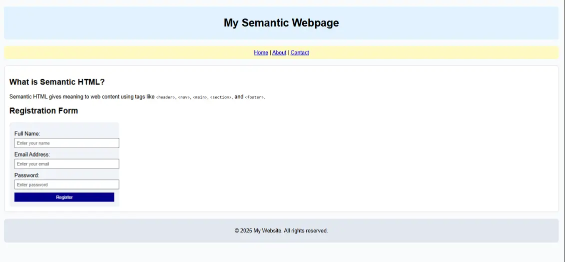 Example HTML page showing tables, lists, block and inline elements, div boxes, iframe, and file path examples.