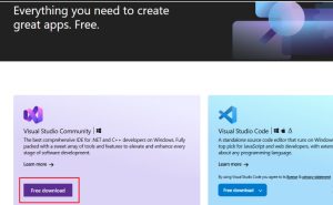 Visual Studio website showing options to download Visual Studio Community and Visual Studio Code, with the Free Download button highlighted.