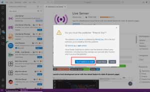VS Code pop-up asking to trust the publisher Ritwick Dey before installing the Live Server extension.