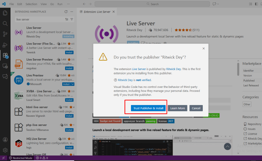VS Code pop-up asking to trust the publisher Ritwick Dey before installing the Live Server extension.