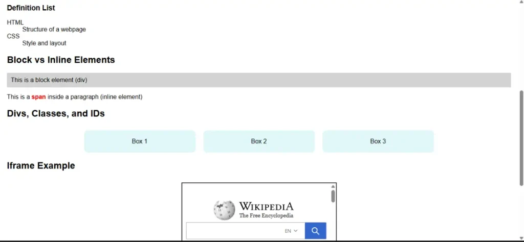 Screenshot of a webpage displaying three light blue boxes labeled Box 1, Box 2, and Box 3, followed by an iframe showing the Wikipedia homepage, and examples of image file paths.