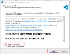 Visual Studio Code setup window showing the license agreement screen with the ‘I accept the agreement’ option highlighted.