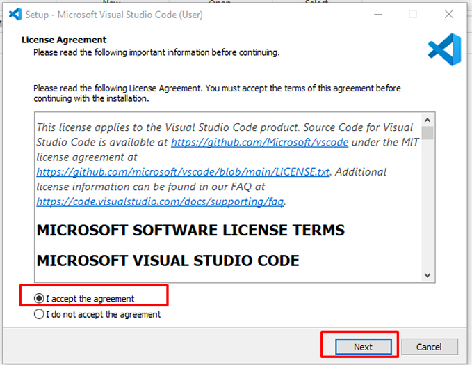 Visual Studio Code setup window showing the license agreement screen with the ‘I accept the agreement’ option highlighted.