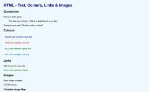 HTML webpage with styled text, colors, links, and images