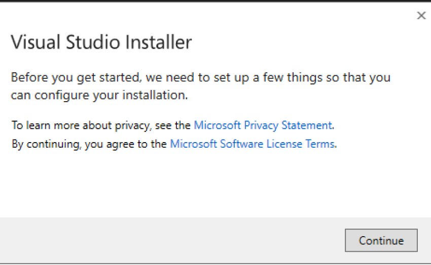 Visual Studio Installer welcome screen prompting users to continue setting up the installation.