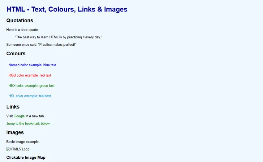 HTML webpage with styled text, colors, links, and images
