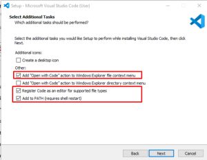 VS Code installation setup showing additional tasks options with several checkboxes selected, including Open with Code and Add to PATH.