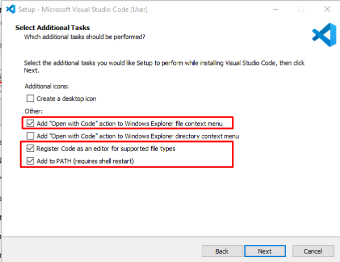VS Code installation setup showing additional tasks options with several checkboxes selected, including Open with Code and Add to PATH.