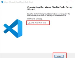 Visual Studio Code setup wizard showing “Launch Visual Studio Code” checkbox and a Finish button.
