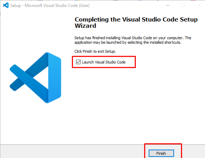Visual Studio Code setup wizard showing “Launch Visual Studio Code” checkbox and a Finish button.
