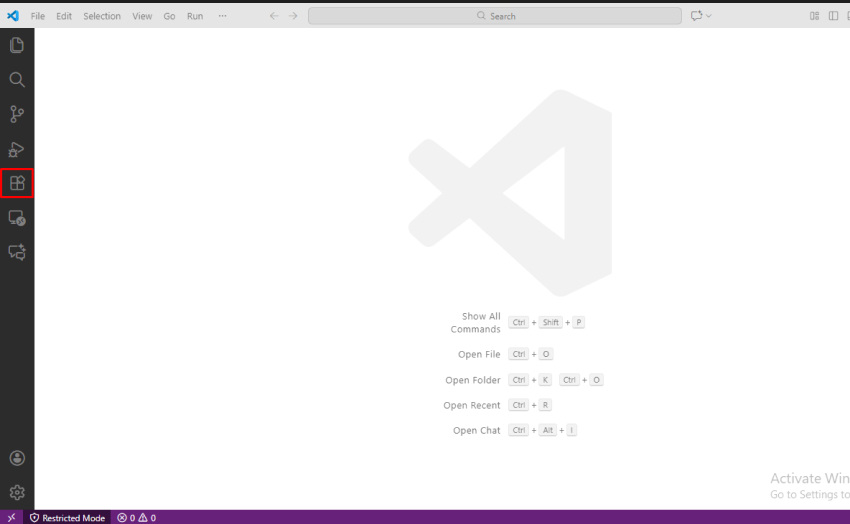 Visual Studio Code home screen with the Extensions icon highlighted on the left sidebar.