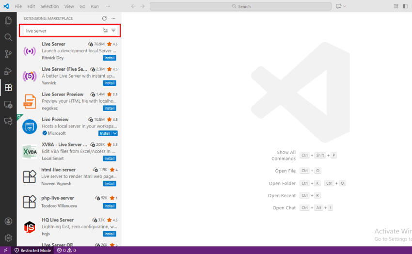 Extensions Marketplace in VS Code showing search results for “Live Server.”
