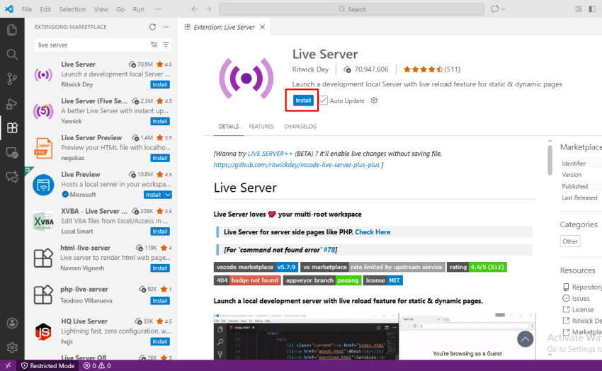 VS Code Live Server extension page showing the Install button highlighted.