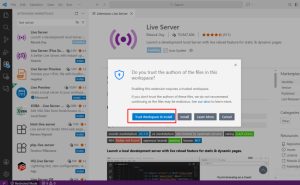 VS Code prompt asking to trust the workspace before installing the Live Server extension.