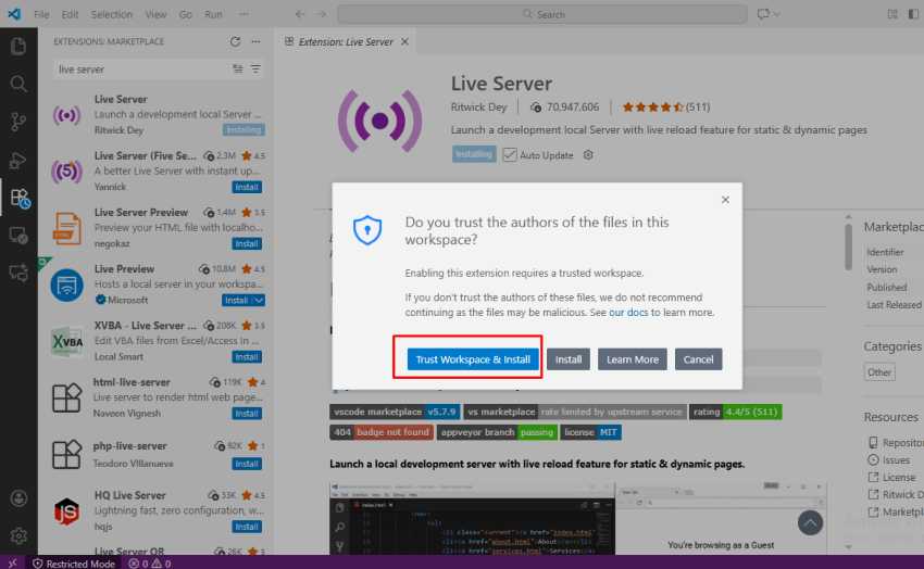 VS Code prompt asking to trust the workspace before installing the Live Server extension.