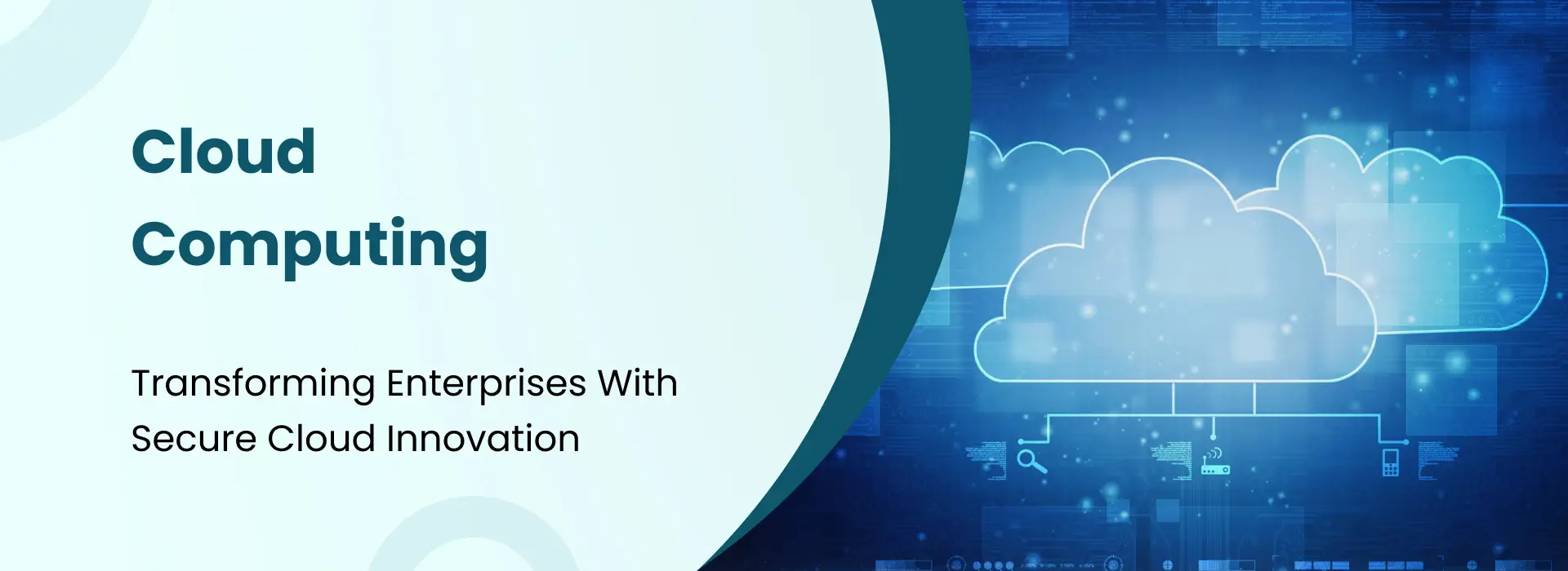 Digital cloud icons connected through a virtual network on a blue technology background.