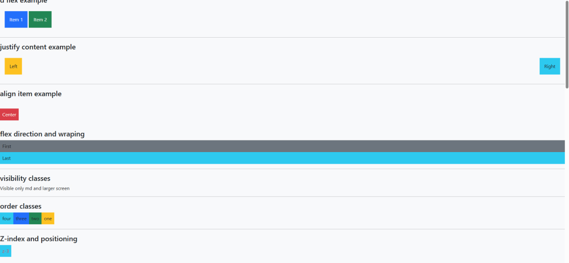 Bootstrap example screen displaying responsive utilities, list groups, and spinners UI components.